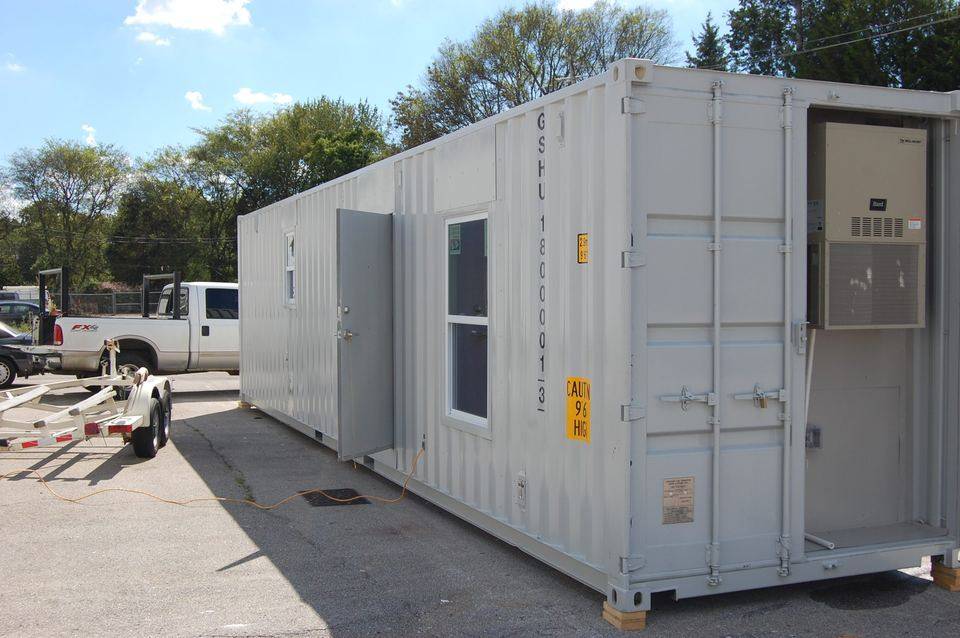 Container unit exterior, side view with door and window