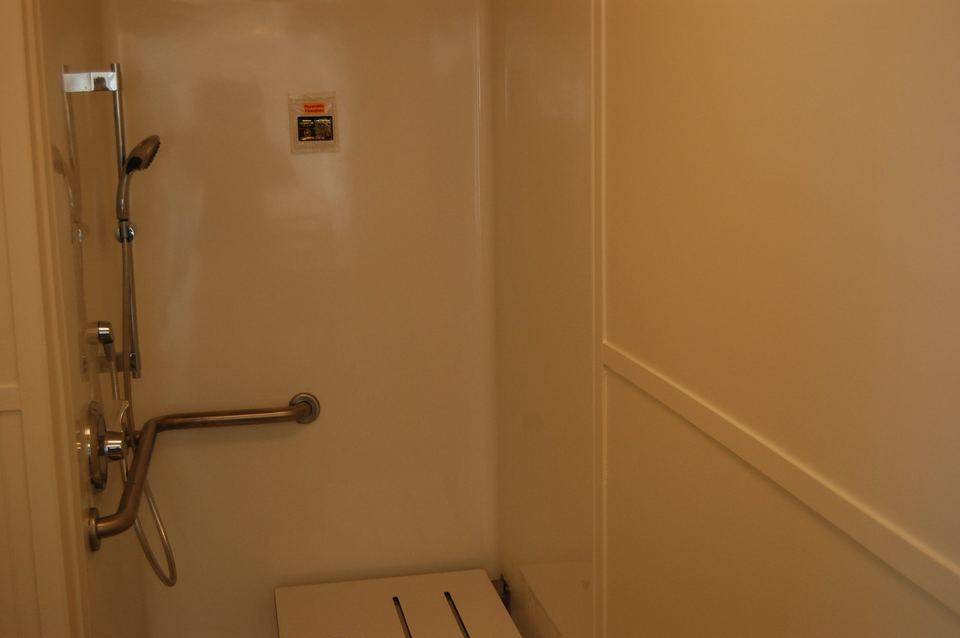 Roll-in shower with grab bar and fold-down seat